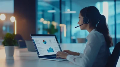 salesperson with a headset on looking at CRM statistics on a computer screen