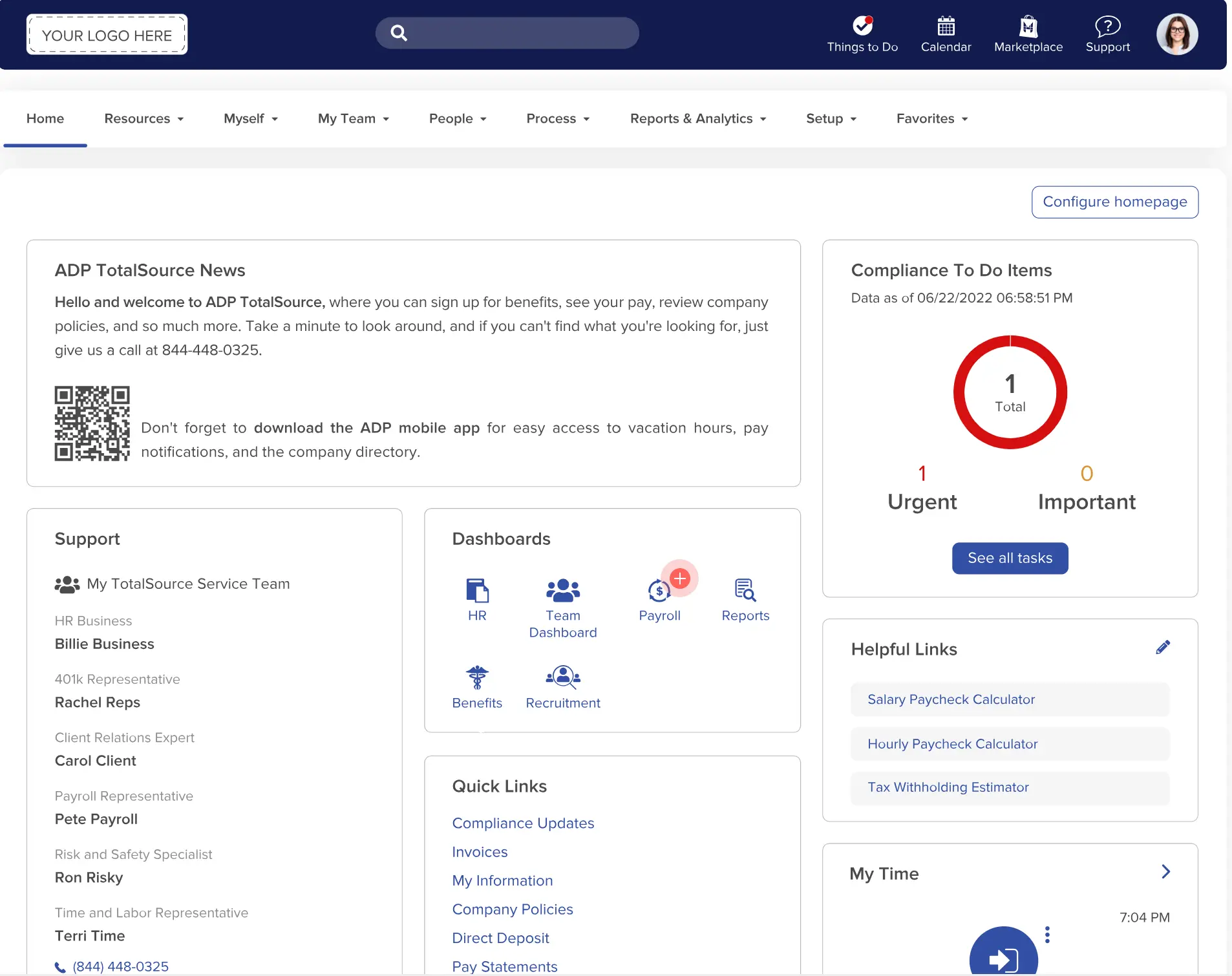 adp totalsource payroll dashboard screenshot