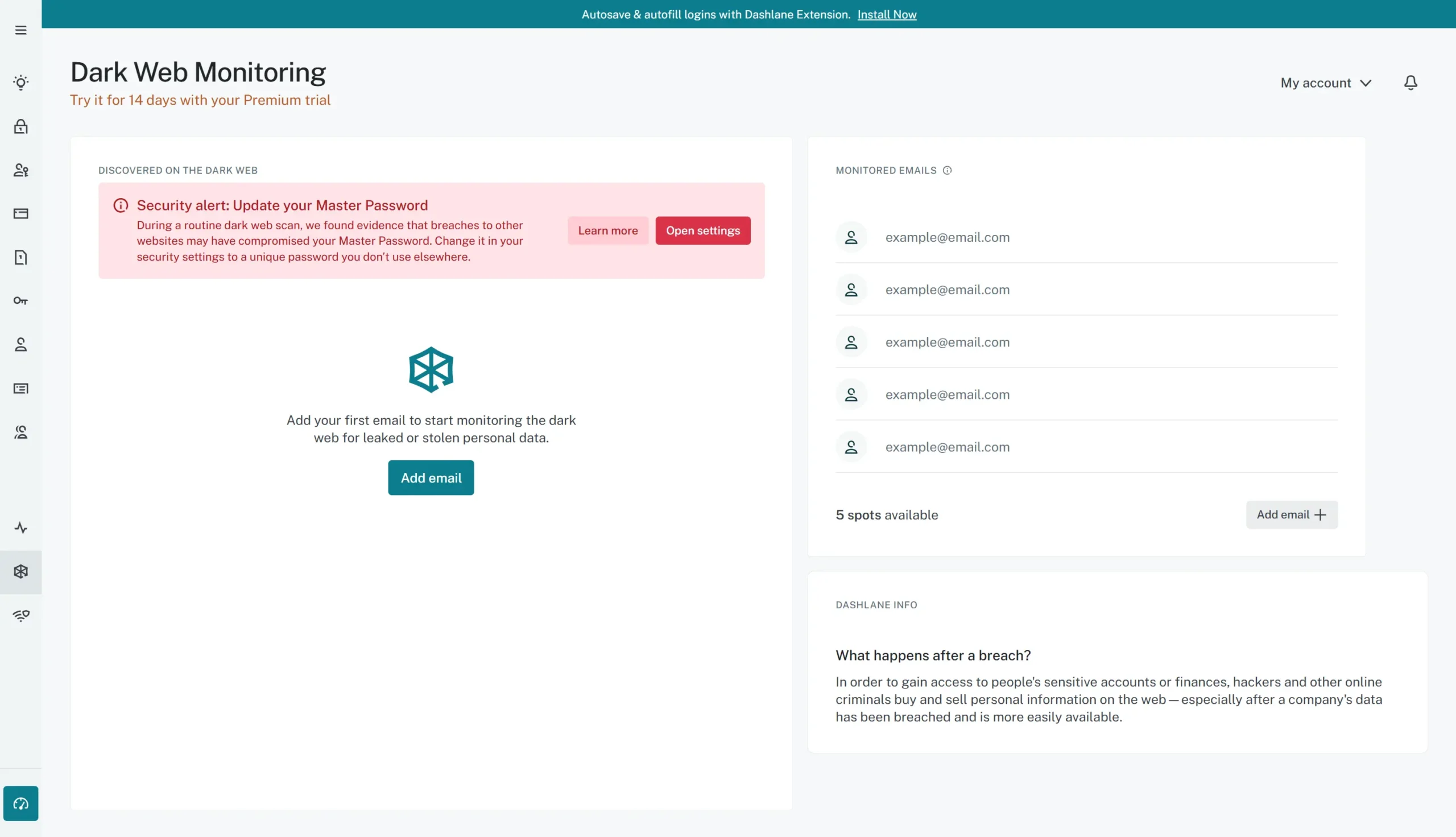 dashlane dark web monitoring page screenshot