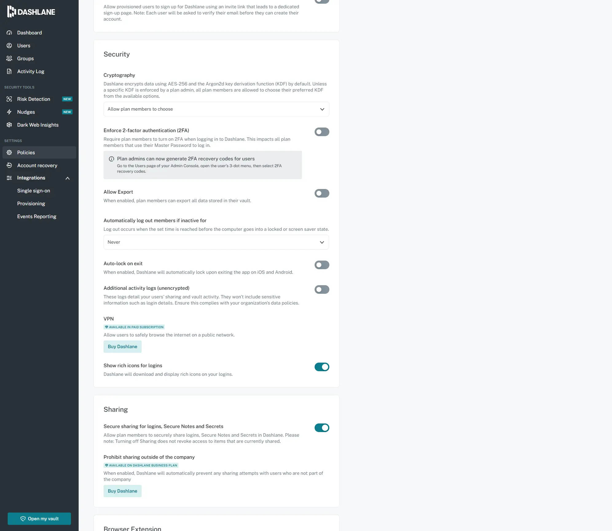 dashlane policies screenshot