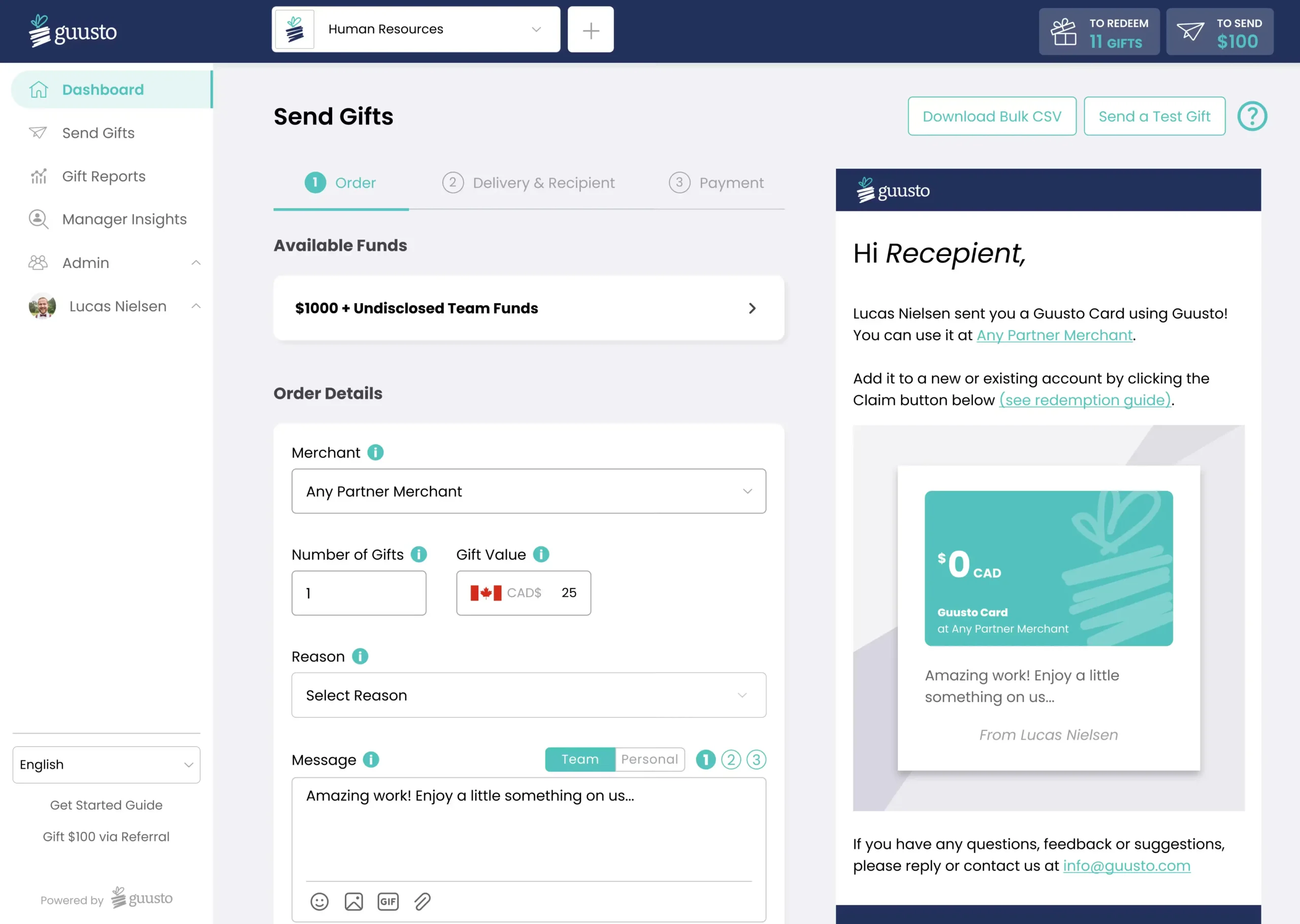 guusto send gifts page screenshot