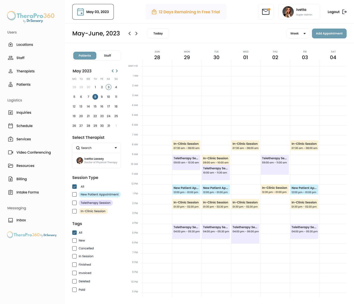 therapro360 calendar screenshot