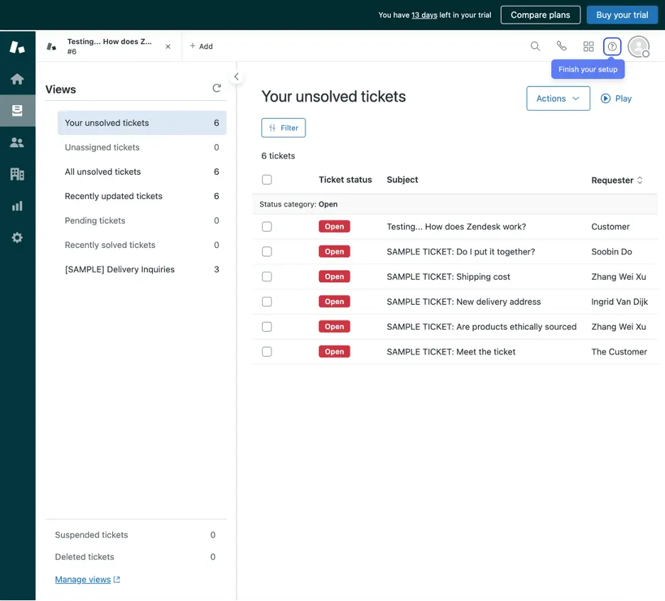 zendesk ticket views page screenshot